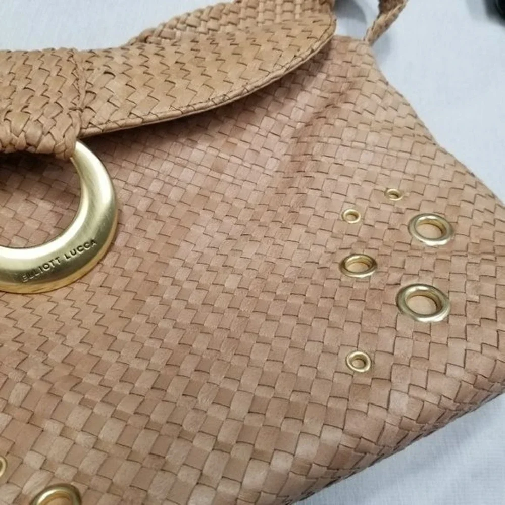 Elliott Lucca Hobo woven‎ Leather Bag Wide shoulder strap gold accents clean
